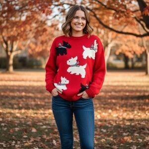 VINTAGE CASUAL CONNECTION Red Sweater with Scottie Dog Pattern. PTP 21".